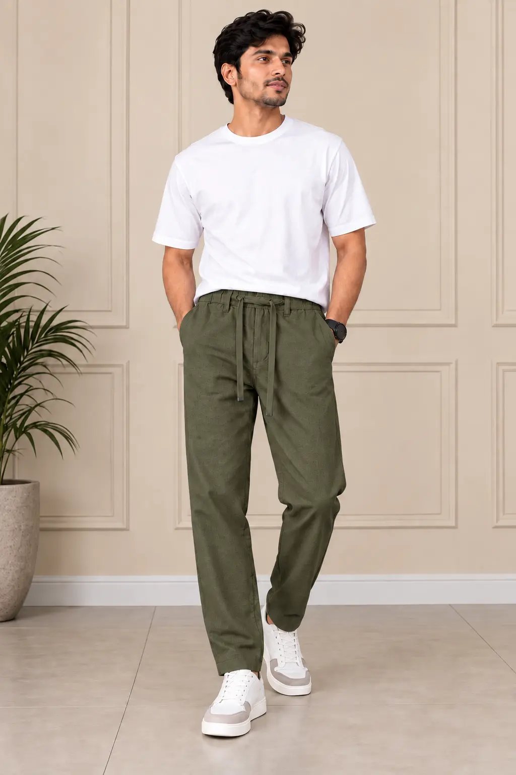 2026/09/1000451069.jpg Olive Green Relaxed Comfort Trousers - Image 1